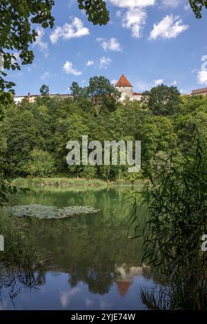 The old ducal town of Burghausen is located in the Upper Bavarian district of Altötting and on the Salzach, which forms the border with Austria., Die Stock Photo