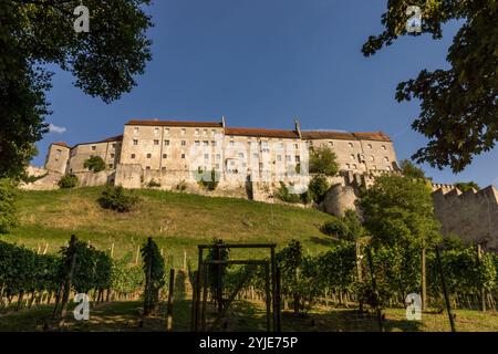 The old ducal town of Burghausen is located in the Upper Bavarian district of Altötting and on the Salzach, which forms the border with Austria., Die Stock Photo