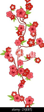 Pink blossoming cherry branch vertical seamless border, pattern. vector graphic illustration Stock Vector