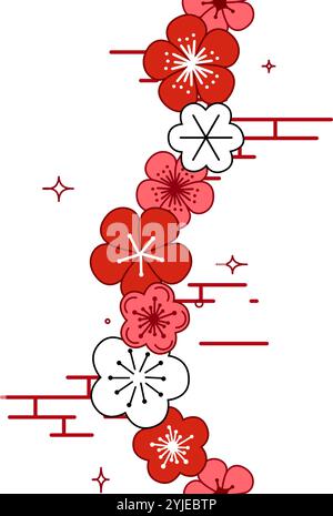 Blossoming sakura, cherry or apple buds and flowers vertical seamless border, pattern. Vector illustration on white background Stock Vector