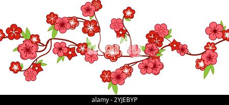 Blossoming branch from tree, sakura, cherry or apple buds and flowers seamless border, pattern. Spring blossoms, springtime graphic clipart. Hand draw Stock Vector