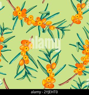 Seamless pattern of sea buckthorn branches. Watercolor seamless pattern of ripe orange berries and leaves. Wallpaper illustration for wrapping paper, Stock Photo