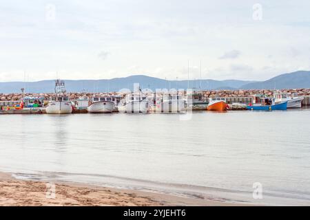 Fishing boats moored in a small protected harbour, in North Bay Ingonish Nova Scotia. Stock Photo