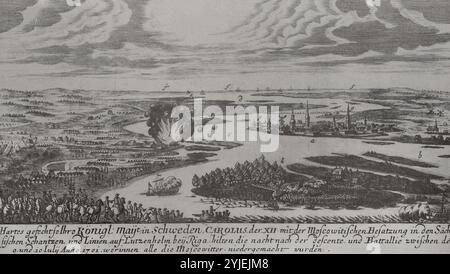Great Northern War (1700-1721). Conflicts that took place over supremacy in the Baltic Sea. Rivalry between Sweden, dominant in northern Europe, and Russia, Denmark-Norway and the Republic of the Two Nations caused these three states, together with Saxony, to form an anti-Swedish coalition in 1700. Battle of Daugava or Battle of Spilve (9 July 1701). The army of King Charles XII of Sweden attacked the fortifications of Lucavsala across the Daugava River, defeating the Russians. The text of the engraving reads: 'A fierce battle in which the Swedish King Charles XII defeated the Muscovites, who Stock Photo