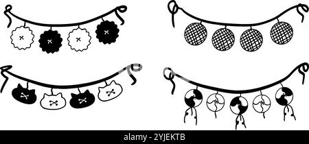 Black & White Bunting Flag Set | Minimalist Doodle for Party and Decoration Designs Stock Vector