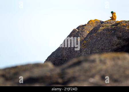 A man sits on the the rocky coastline, whilst looking at a mobile phone. North Berwick, East Lothian, Scotland, October, 2024. Stock Photo