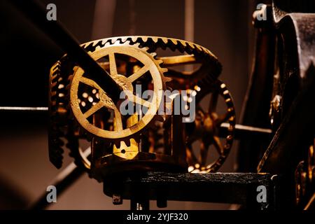 Old clock mechanism, clock gears, close up. Stock Photo