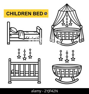 Children bed, baby cot, newborn crib cradle for sleep, kid bedroom interior furniture. Single sofa with pillow, blanket. Bedding linen line icon set Stock Vector