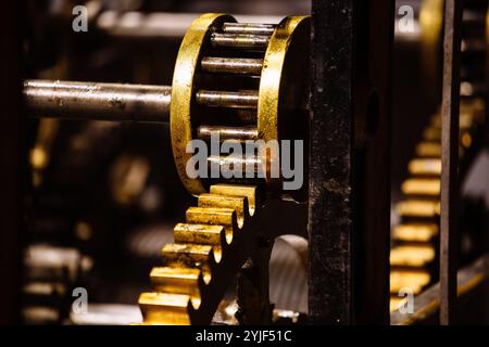 Old clock mechanism, clock gears, close up. Stock Photo