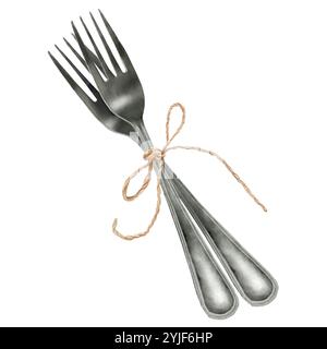 Two forks tied with string. Cutlery set isolated on white background. Kitchen utensils for food, restaurant serving cutlery knife and fork with metal Stock Photo