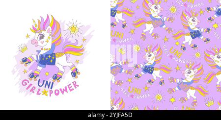 Cute dreaming unicorn on roller skates. Card with magic horse character and background in cartoon style set. Vector illustration and seamless pattern. Stock Vector