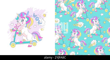 Cute unicorn ride a scooter. Card with magic horse character and background in cartoon style set. Vector illustration and seamless pattern. For clothe Stock Vector