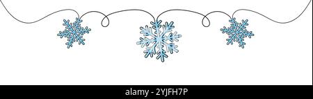 Snowflake Border Continuous Single Line Drawing, Snowflake Border Single Line Drawing with Copy Space, Merry Christmas decoration. Continuous one line Stock Vector