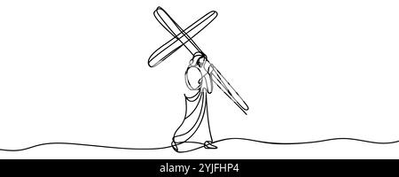 Continuous one line drawing of Jesus Christ carrying the cross-vector illustration. Stock Vector