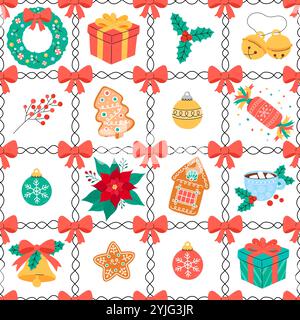 Cute Christmas tile pattern seamless vector illustration. Colorful festive Xmas white background with simple holiday elements, ornaments and symbols f Stock Vector