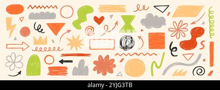 Crayon doodle color scribble line brush shape. Brush crayon pencil paint stroke texture doodle shape. Vector hand drawn frame background set of abstract design graphic figure. Vector illustration Stock Vector