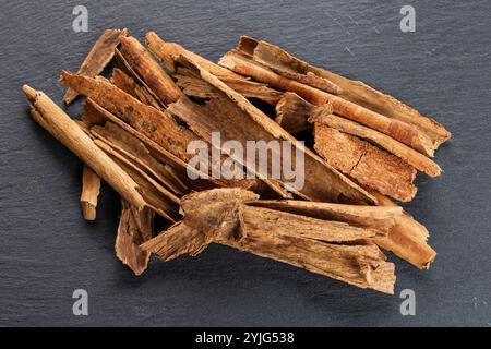 Closeup image of broken pieces of cinnamon sticks scattered on a dark gray slate surface. The cinnamon pieces are light brown, with rough textures and Stock Photo