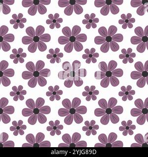 Seamless floral pattern with purple flowers on white background. Stock Vector