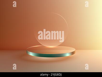 A minimalist 3D glass cylinder platform with a floating glass circle on a warm gradient orange background, product mockups and stylish displays in mod Stock Vector