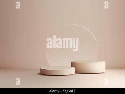Minimalist 3D scene featuring two circular podiums and a transparent glass backdrop in soft earthy tones. showcasing products, mockups, and creative d Stock Vector