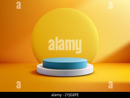 Vibrant 3D turquoise cylinder podium rests on a white base with a sunny yellow circle backdrop. Modern product displays, mockups, branding, commercial Stock Vector