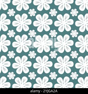 Seamless floral pattern with pretty white flowers on blue background. Stock Vector