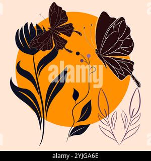 A stylized illustration featuring two dark butterflies fluttering amidst stylized flowers and leaves Stock Vector