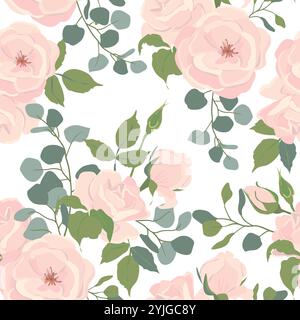 Seamless pattern of light pink roses and eucalyptus branches. Vector background of beautiful flowers, buds, leaves. Flat style illustrations for wedding invitations, greeting cards. Stock Vector