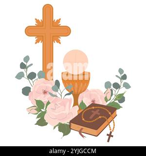Symbols of the First Communion. Vector. Golden wine cup, Grail, bread, Bible, rosary, wine, white roses and crucifix. Festively decorated altar. Symbolizes the sacred sacrifice of Jesus Christ. Stock Vector