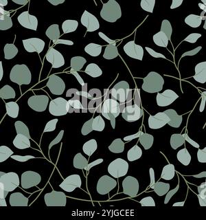 Eucalyptus seamless pattern. Branches and leaves of eucalyptus. Abstract seamless pattern on a black background. Vector background for wedding invitations, wallpapers, covers. Stock Vector