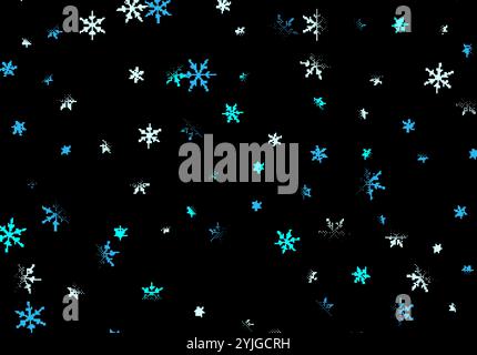 Pixel snowflakes on black background for Christmas greeting card. Winter snowfall, in 8bit pixel style Stock Vector