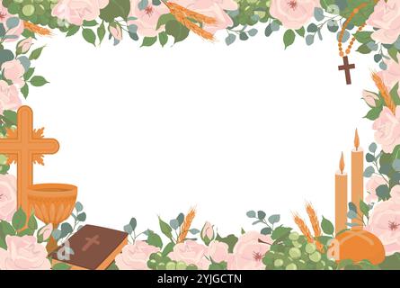 Rectangular horizontal frame with First Communion symbols. Vector. Golden wine cup, Grail, bread, Bible, rosary, wine, white roses, candles and crucifix. Clipart for First Communion invitations. Stock Vector