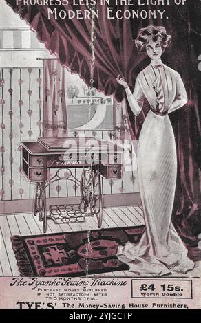 Vintage Advertising- an early 20th Century advertising postcard for Tyanko sewing machines, featuring a lady in Edwardian dress. Stock Photo