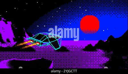 Arcade space ship flying to the sun over the blue landscape in 8bit pixel style with 3D mountains. 80s style synthwave or retrowave art Stock Vector