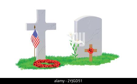 White marble tombstone and cross on green grass, a bouquet of red poppies and an American flag. The grave is decorated with a floral wreath. Memorial date of Great Britain, Canada and the USA Stock Vector