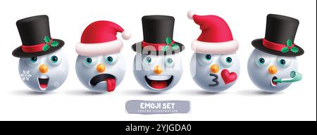 Snowman emoji characters vector set. Christmas snow man emoticons in happy, funny, naughty, smiling and cute facial expression wearing red and black Stock Vector