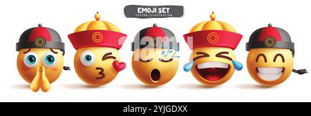 Chinese emoji characters vector set. China asian emperor emojis clip art character in begging, kiss, sleeping, joyful and smiling facial expression Stock Vector