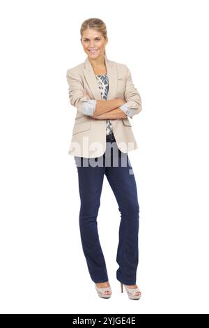 Portrait, arms folded and happy businesswoman in studio for career, creative or pride on white background space. Smile, professional entrepreneur and Stock Photo