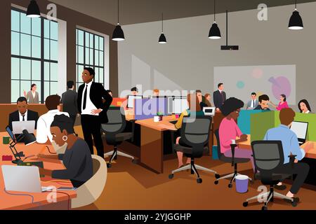 A vector illustration of Business and Technology Office Workers Working Stock Vector