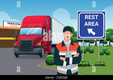 A vector illustration of Truck Driver in Truck Stop Rest Area Stock Vector