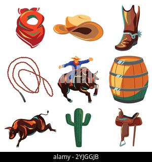 A vector illustration of Riding Bull Cowboy Icon Sets Stock Vector