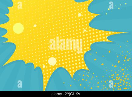 Pop art comic style background design. Cartoon flat style background or banner in blue and yellow with halftones. vector Stock Vector