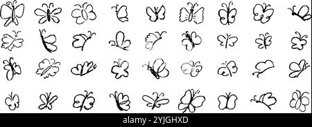 Set of butterflies drawing by pastel or charcoal pencil. Black chalk line butterfly simple element on white chalkboard background. Like children's Stock Vector