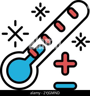 A thermometer with a red and blue line on it. The thermometer is showing a temperature of 0 degrees Stock Vector