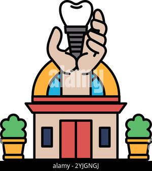 A hand holding a tooth implant in front of a building. The building is a dental clinic. Scene is serious and informative Stock Vector