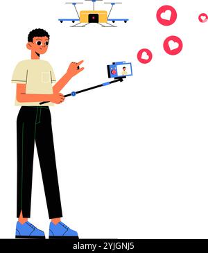 Male Content Creator Filming With Drone In Flat Vector Illustration Symbolizing Technology, Innovation, And Social Media Interaction, Isolated On Stock Vector