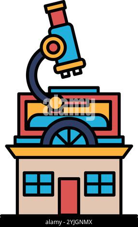 A colorful building with a microscope on top. The building is a store or a laboratory. The microscope is a symbol of scientific discovery and explorat Stock Vector