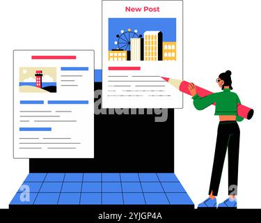 Woman Creating A New Blog Post With Floating Windows In Flat Vector Illustration Symbolizing Content Creation, Blogging, And Social Media, Isolated On Stock Vector