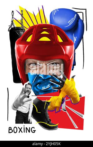 Artistic boxing collage with person in red helmet, boxing gloves, and referee, highlighted with expressive lines and vibrant colors. Contemporary art. Stock Photo