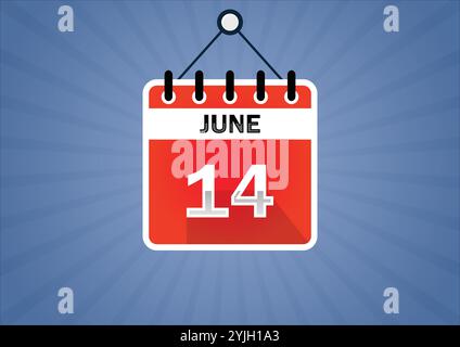 June 14, Calendar hanging sign. 14th days of the month, modern illustration. Flat style Stock Vector